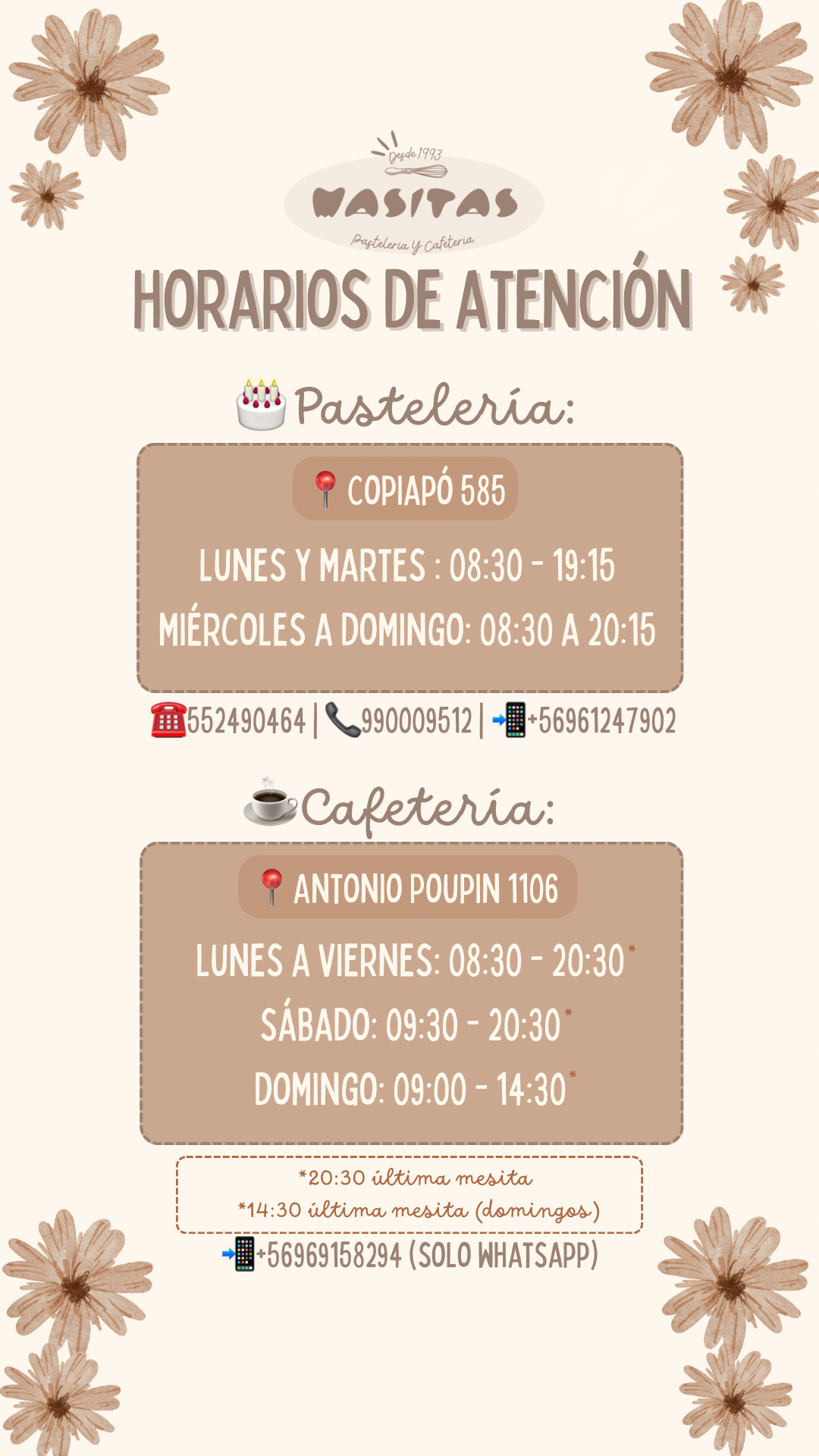Horarios de atención de Masitas. Pastelería, Copiapó 585: lunes y martes de 08:30 a 19:15, miércoles a domingo de 08:30 a 20:15. Cafetería, Antonio Poupin 1106: lunes a viernes de 08:30 a 20:30, sábado de 09:30 a 20:30, domingo de 09:00 a 14:30.